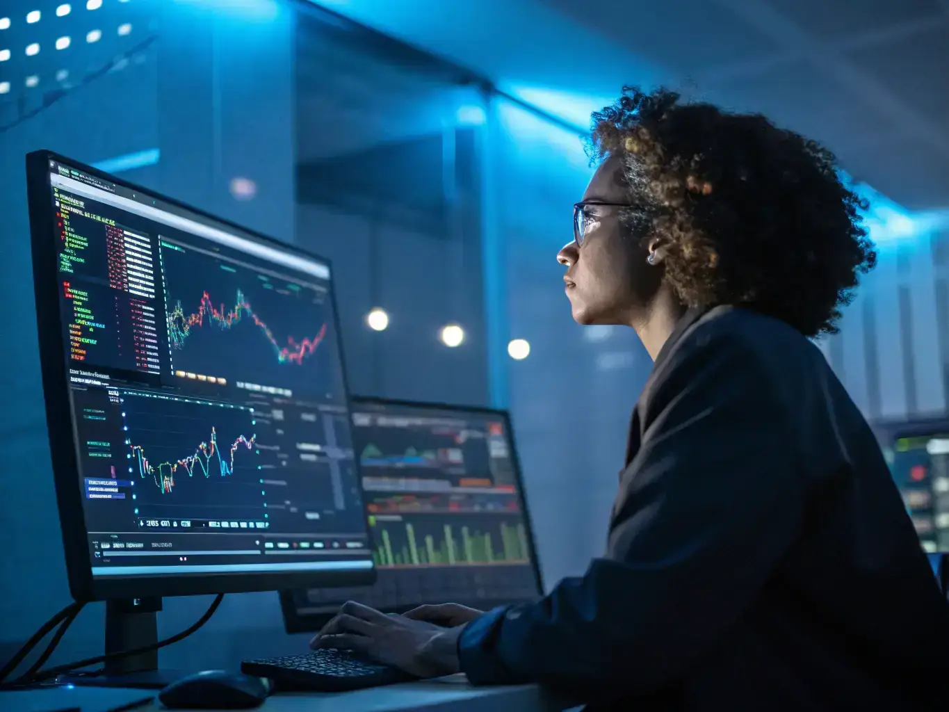 A data scientist analyzing data on a dashboard, illustrating IT Management & AI training.