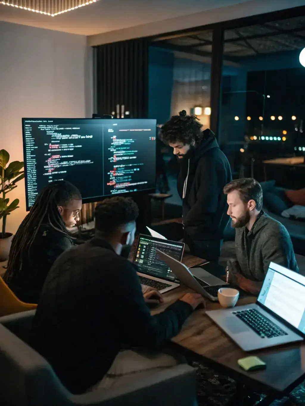 A diverse group of IT professionals collaborating on a complex coding project in a modern, well-lit office, symbolizing Litup Labs' collaborative learning environment.
