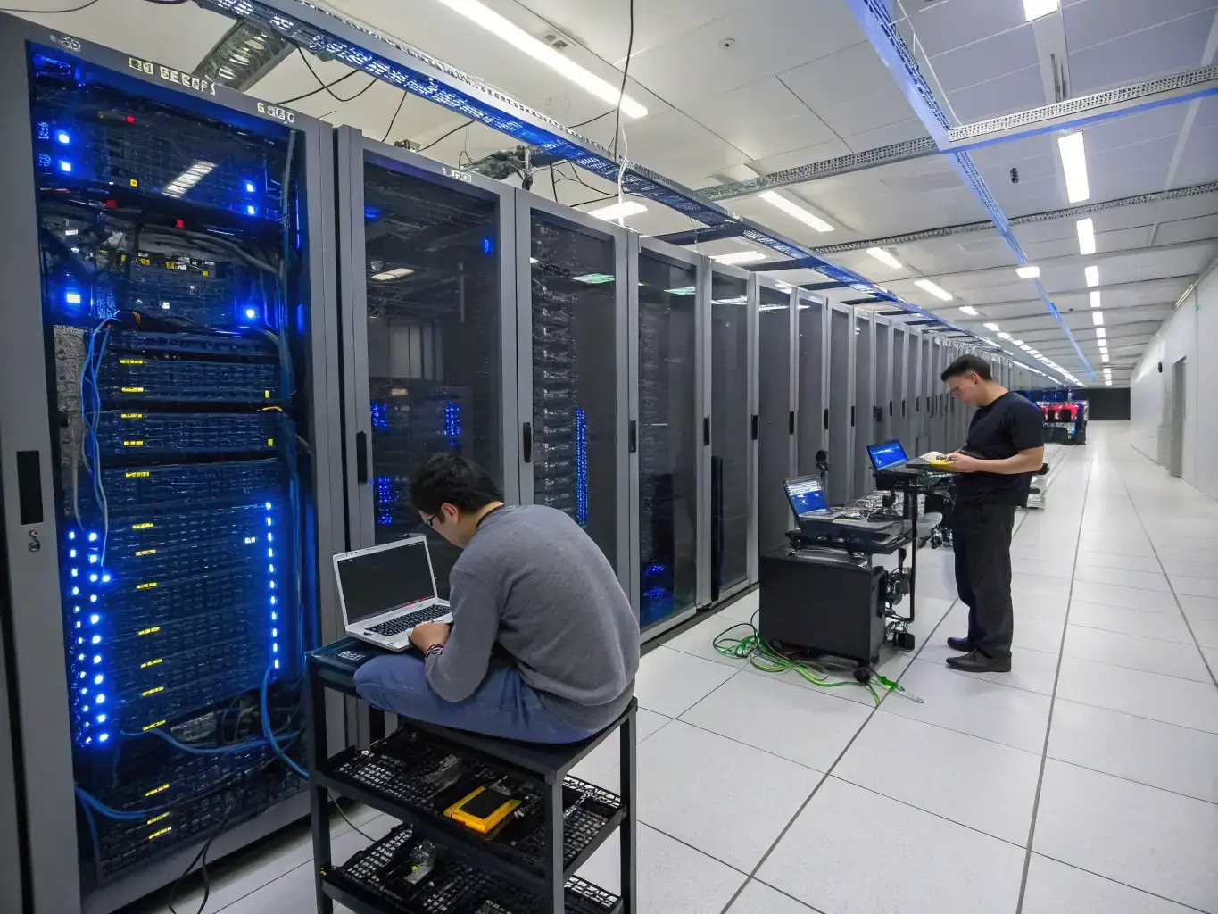 A professional working on an IBM server in a modern data center, highlighting Lituplabs' expertise in providing skilled IBM professionals.